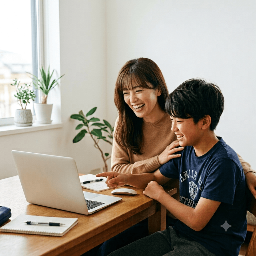 自宅のダイニングで、ノートパソコンをのぞきこみながら笑い合う母親と息子